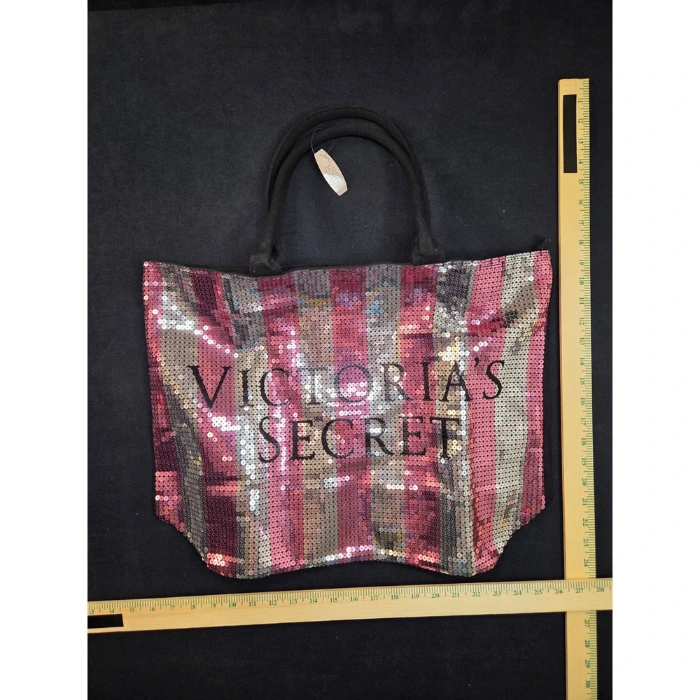 Victoria's Secret Pink Silver Sequin Stripe Tote Bag Canvas Zipper Beach shimmer
